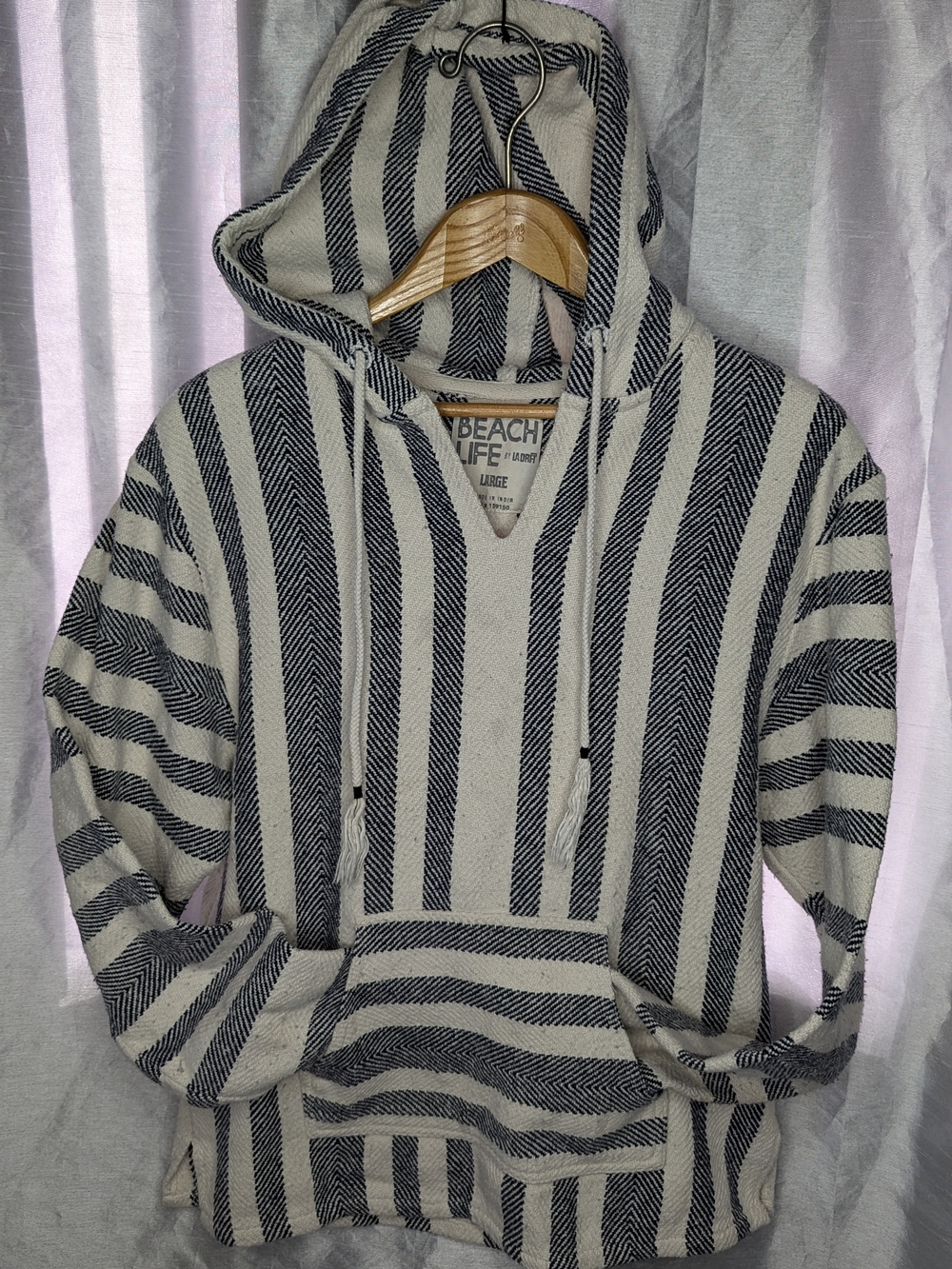 Beach Life by LADDER Beige/Black Striped Pullover Hoodie Women's L Hood Pockets